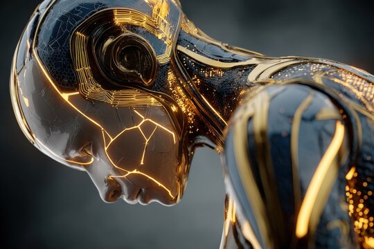 African American female humanoid robot with intricate circuitry design, showcasing a sleek metallic finish and glowing elements, positioned against a dark, blurred background