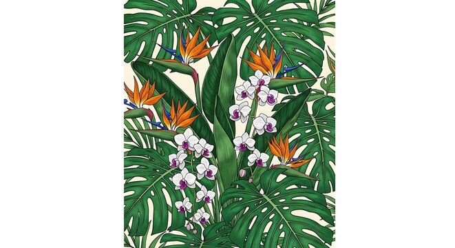 Botanical of tropical monstera leaves and colorful bird of paradise flowers with white orchid blossoms