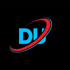 Fototapeta premium DU D U letter logo design. Initial letter DU linked circle uppercase monogram logo red and blue. DU logo, D U design. du, d u