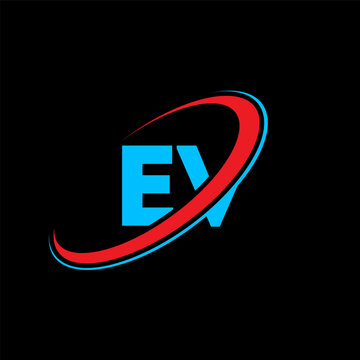 EV E V letter logo design. Initial letter EV linked circle uppercase monogram logo red and blue. EV logo, E V design. ev, e v