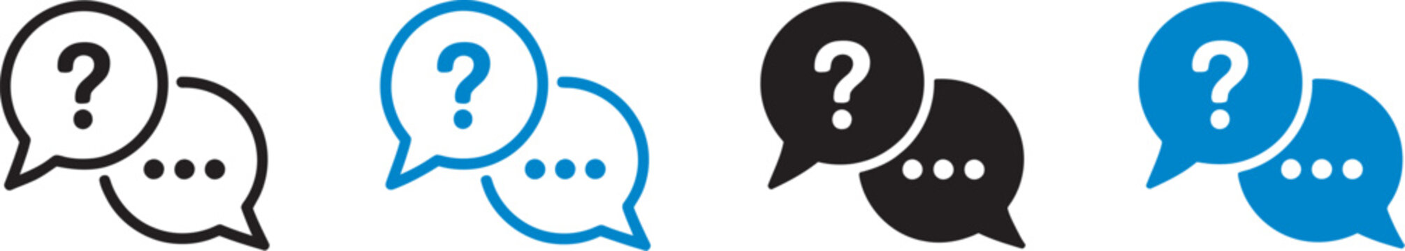 FAQ icon set, speech bubbles with question mark ellipsis, support help center sign, messaging inquiry UI, answer symbol, talk pictogram, communication illustration