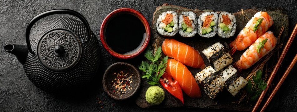 Assorted sushi platter featuring nigiri, maki rolls, and shrimp, accompanied by wasabi, pickled ginger, and a traditional Japanese teapot on a dark stone surface