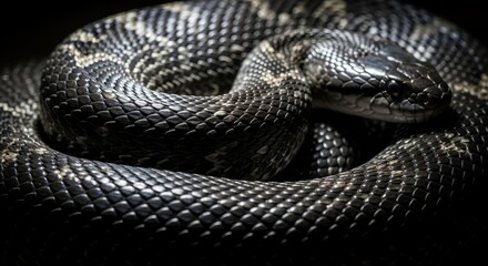 Fototapeta premium Coiled snake in dark background with shiny scales