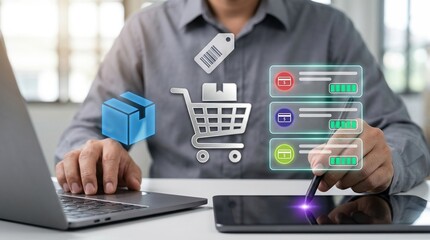 Fototapeta premium e-commerce shopping cart online store commerce management digital payment logistics retail platform concept featuring a professional businessman using a laptop and a tablet.