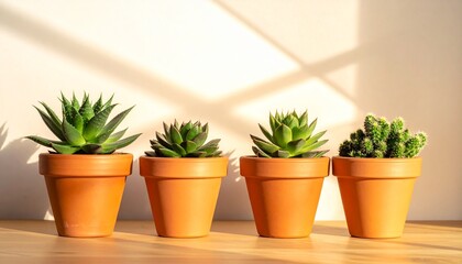Fototapeta premium Four terracotta pots hold diverse succulents on wood, symbolizing indoor gardening, natural beauty, and the serene artistry of sunlight and plant care.