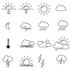 Fototapeta premium Linear meteorology icons, a collection of weather forecast symbols, including sun and cloud, rain and snow, wind and cloud cover, set isolated on background. Vector illustration. Not AI