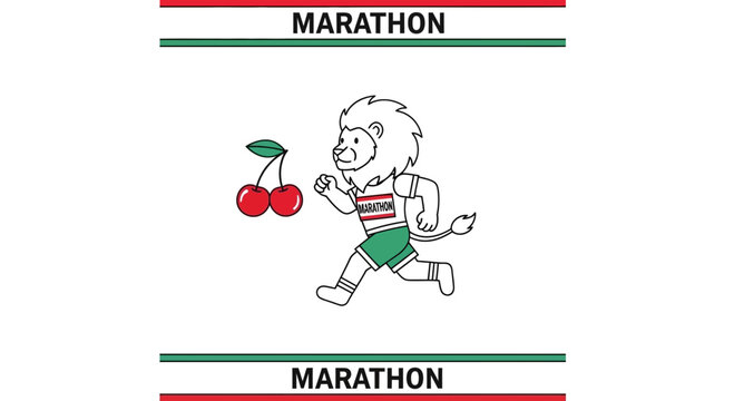 Cartoon Lion Runner with Cherries, Marathon Race Mascot, Sports Illustration