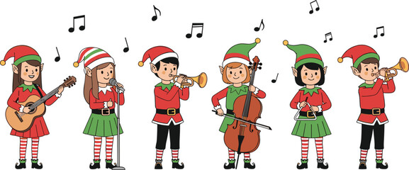 Fototapeta premium Set of 6 Christmas Elf Musicians Playing Instruments for Holiday, Festive, and Seasonal Music Designs