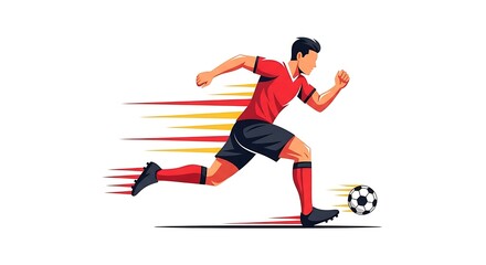 Obraz premium A soccer player in a red and black kit sprinting fast with a ball on a white background.
