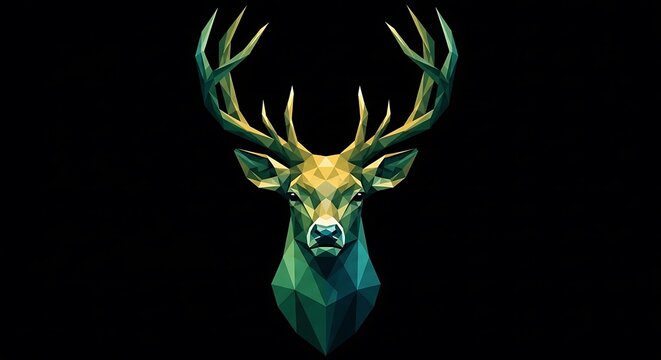 Low poly geometric deer head portrait isolated on a solid black background with vibrant green and gold color gradients