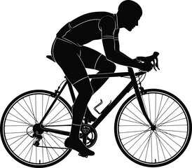 Naklejka premium Silhouette of professional cyclist riding road bike, dynamic racing posture, athletic endurance sport concept, detailed bicycle vector illustration isolated design