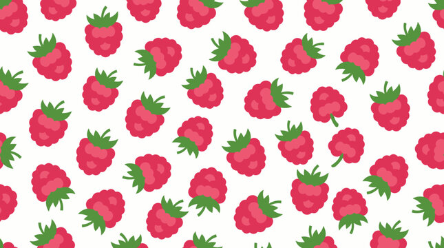 A seamless pattern of cartoon raspberries scattered on a white background, featuring vibrant red berries with green leaves, perfect for design.