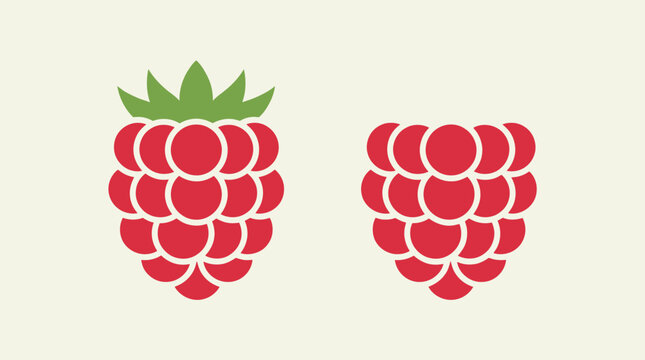 Minimalist vector illustration of two red raspberries, one with green leaves and one without, on a light background.