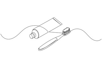 Obraz premium Toothbrush and toothpaste tube continuous one line art drawing on white background