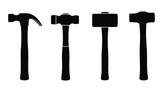 Silhouettes of four different types of hammers on a white background