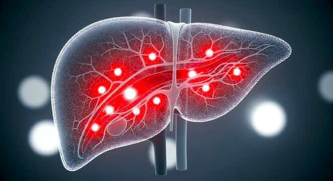 3D medical illustration of human liver with glowing metabolic activity and vascular structure
