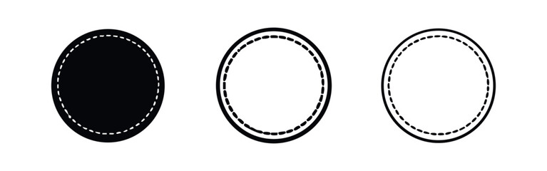 Fototapeta premium Stitched circle label icon set. Embroidery round badge symbol with dashed lines for craft and design elements.