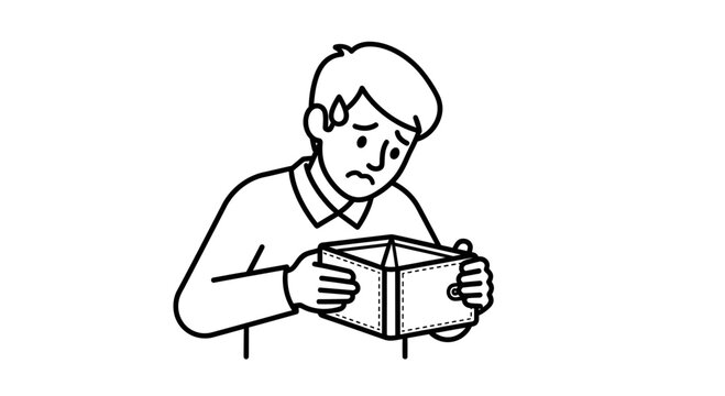 Man looking into empty wallet, financial stress, bankruptcy, no money concept