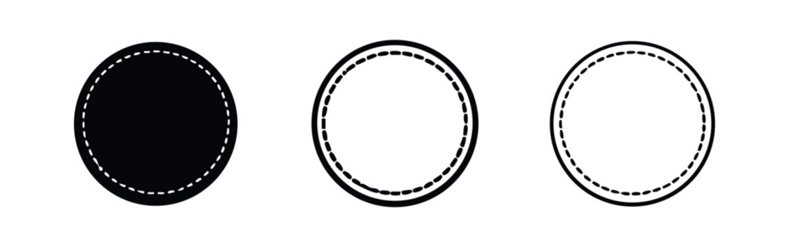 Stitched circle label icon set. Embroidery round badge symbol with dashed lines for craft and design elements.