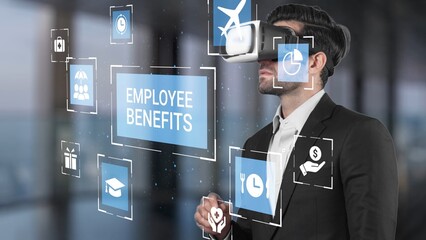 Obraz premium Business Professional Using Virtual Reality Technology to Explore Employee Benefits and Enhance Workplace Engagement for Future Growth Opportunities Gluon.