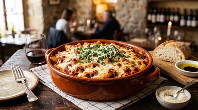 Baked ziti pasta dish served with bread and olive oil on table  