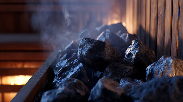 Close up view of hot sauna rocks with rising steam, creating a warm and relaxing atmosphere in a health and wellness spa setting