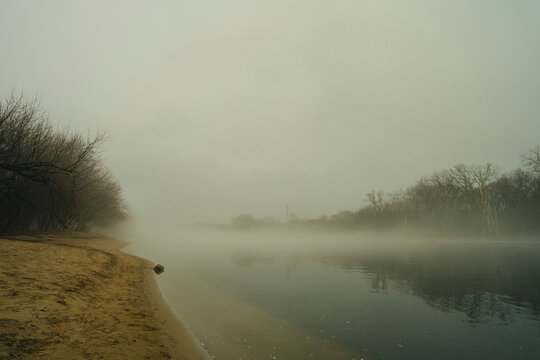 Calm riverbank covered in fog on quiet winter morning.