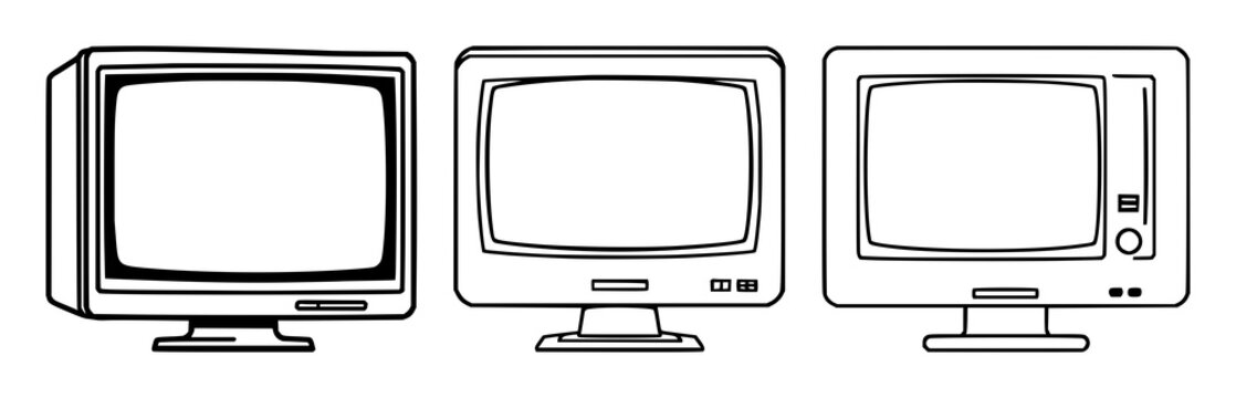 Geometric vector icon of a classic 1980s computer monitor, retro tech, consistent stroke width, white background. set with simple line art design featuring line art, illustrations, graphic resource...