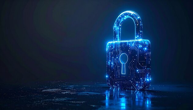 Digital Padlock Icon with Glowing Blue Data Particles for Cyber Security and Data Protection Concept