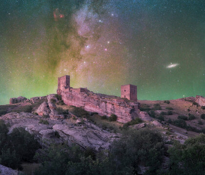 Andromeda and Milky Way With Cassiopeia Over Zafra Castle