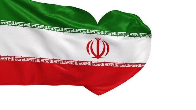 Heart-shaped Iranian flag design, green-white-red bands, central emblem, Kufic script borders, symbolic visualization of patriotism, love, and national identity with emotional resonance.