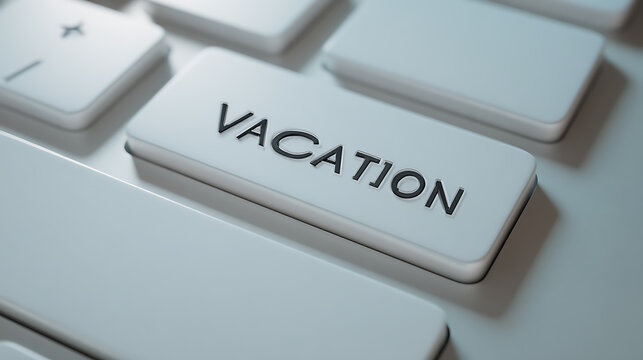 Close-up of a white computer keyboard button labeled "VACATION," symbolizing a desire for leisure, travel, and a break from work