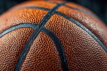 Fototapeta premium Close-up view of a basketball showcasing its textured surface, featuring the characteristic orange color and black lines, highlighting the details of the material and design