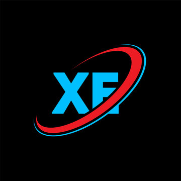 XE X E letter logo design. Initial letter XE linked circle uppercase monogram logo red and blue. XE logo, X E design. xe, x e