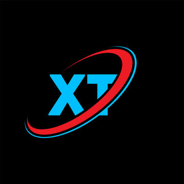 XT X T letter logo design. Initial letter XT linked circle uppercase monogram logo red and blue. XT logo, X T design. xt, x t