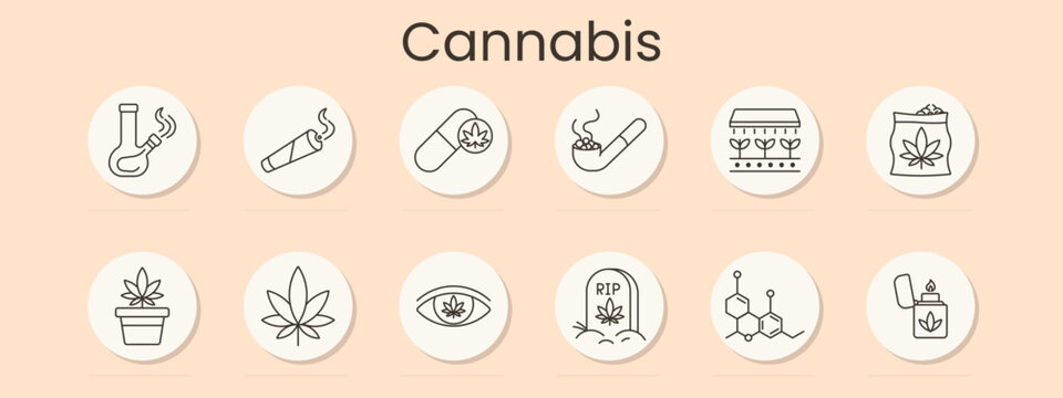 Cannabis set icon. Bong, joint, capsule, pipe, greenhouse, package, potted plant, leaf, eye effect, grave symbol, molecule formula, lighter, marijuana industry, cultivation, consumption culture
