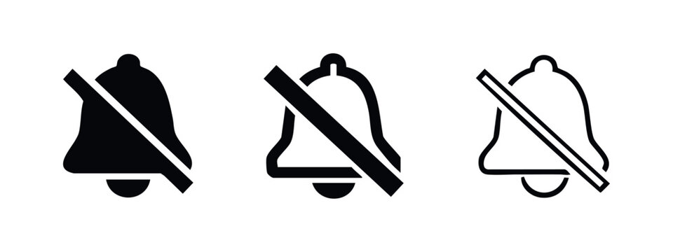 Mute notification bell icon set. Silent mode or no sound symbol.