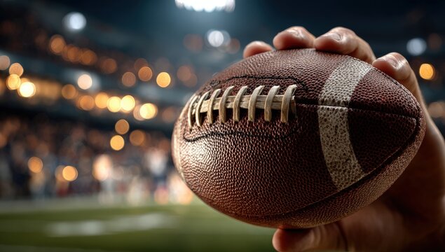 Close-up of a hand holding a brown leather football with white laces in a stadium filled with blurred lights and a green field in the background