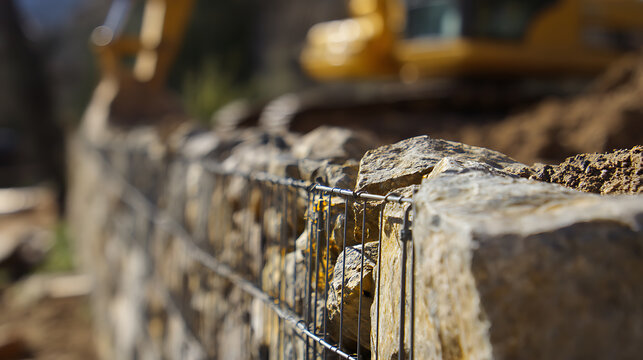 Gabion Wall Construction with Excavator in Background: Building a Robust Retaining Structure for Landscaping and Erosion Control Projects