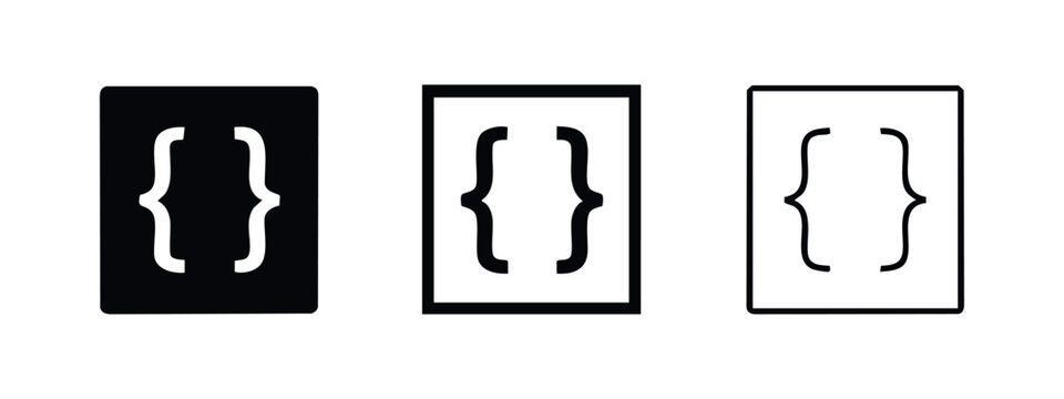 Curly Braces Code Icon Set: Solid, Outlined, and Light Styles for Programming and Development