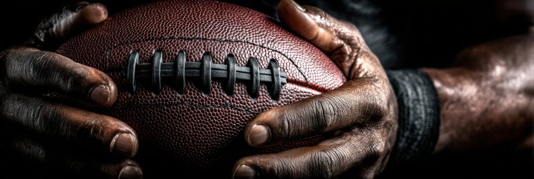Close-up of hands gripping a brown American football with textured surface, showcasing fingers and knuckles against a dark background