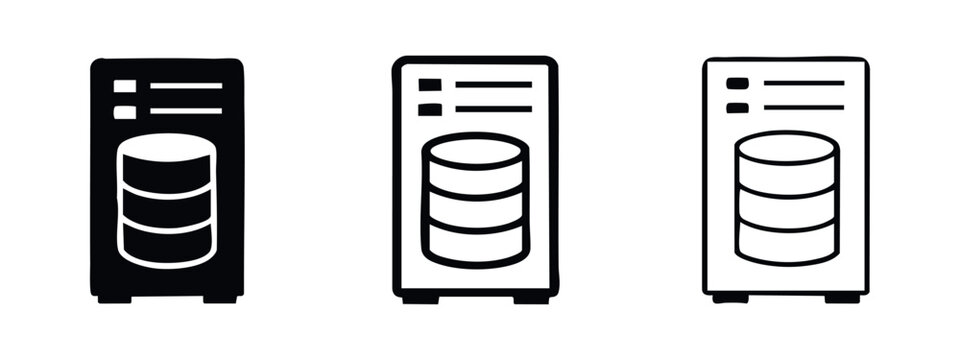 Database server tower icon set, data storage hardware and information management symbols, network infrastructure.