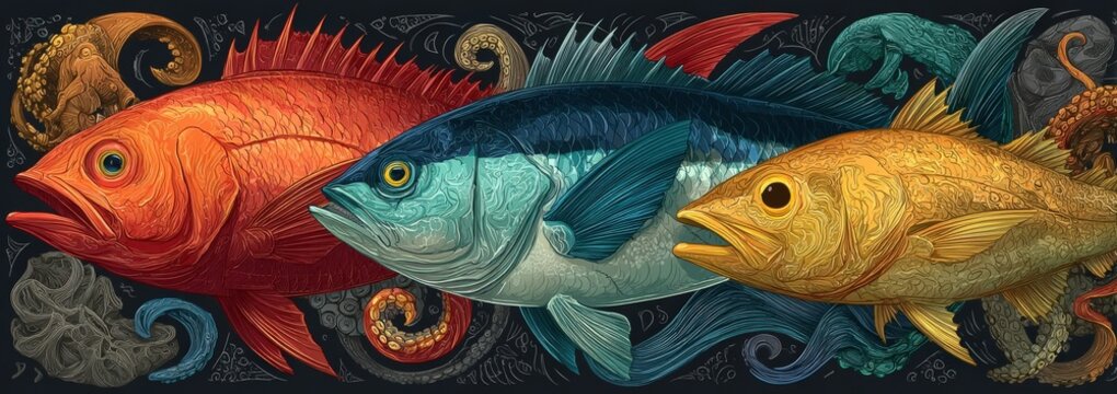 Colorful illustration of three fish, including a red fish, a blue fish, and a yellow fish, swimming among swirling waves and sea creatures in a decorative style