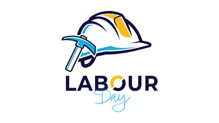 Fototapeta premium Happy Labour Day, Industrial vector illustration with safety hard hat and pickaxe icon for international workers day celebration banner.