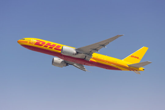 DHL Aerologic Boeing 777-F airplane at Dubai airport in the United Arab Emirates