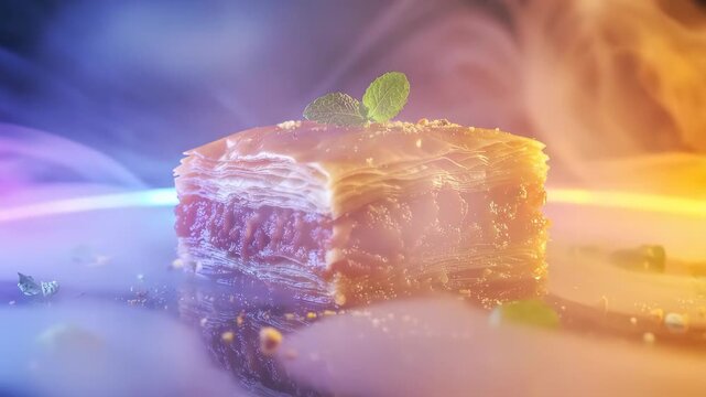 Delicious Baklava Dessert with Mint and Smoke Effects.