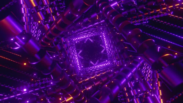4k loop video of dynamic rhythmic vj tunnel with interlocking geometric shapes and glowing energy for VJ sets, high-tech club visuals, electronic music festivals, stage screens and LED video walls