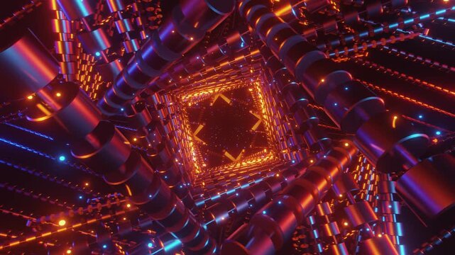 4k loop video of dynamic rhythmic vj tunnel with interlocking geometric shapes and glowing energy for VJ sets, high-tech club visuals, electronic music festivals, stage screens and LED video walls