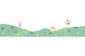 Naklejka premium 森のシンプルかわいいデザイン 幼稚園・保育園向けWebフッター素材 動物たちの装飾背景（ウサギ・キツネ・ハチ）