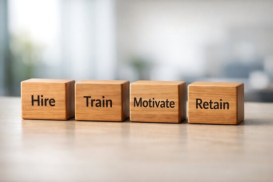 Four Wooden Blocks With Hire Train Motivate Retain Text On Light Surface